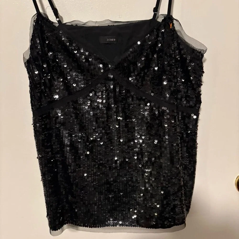 Black sequin J.Crew camisole top‎ with tulle trim large